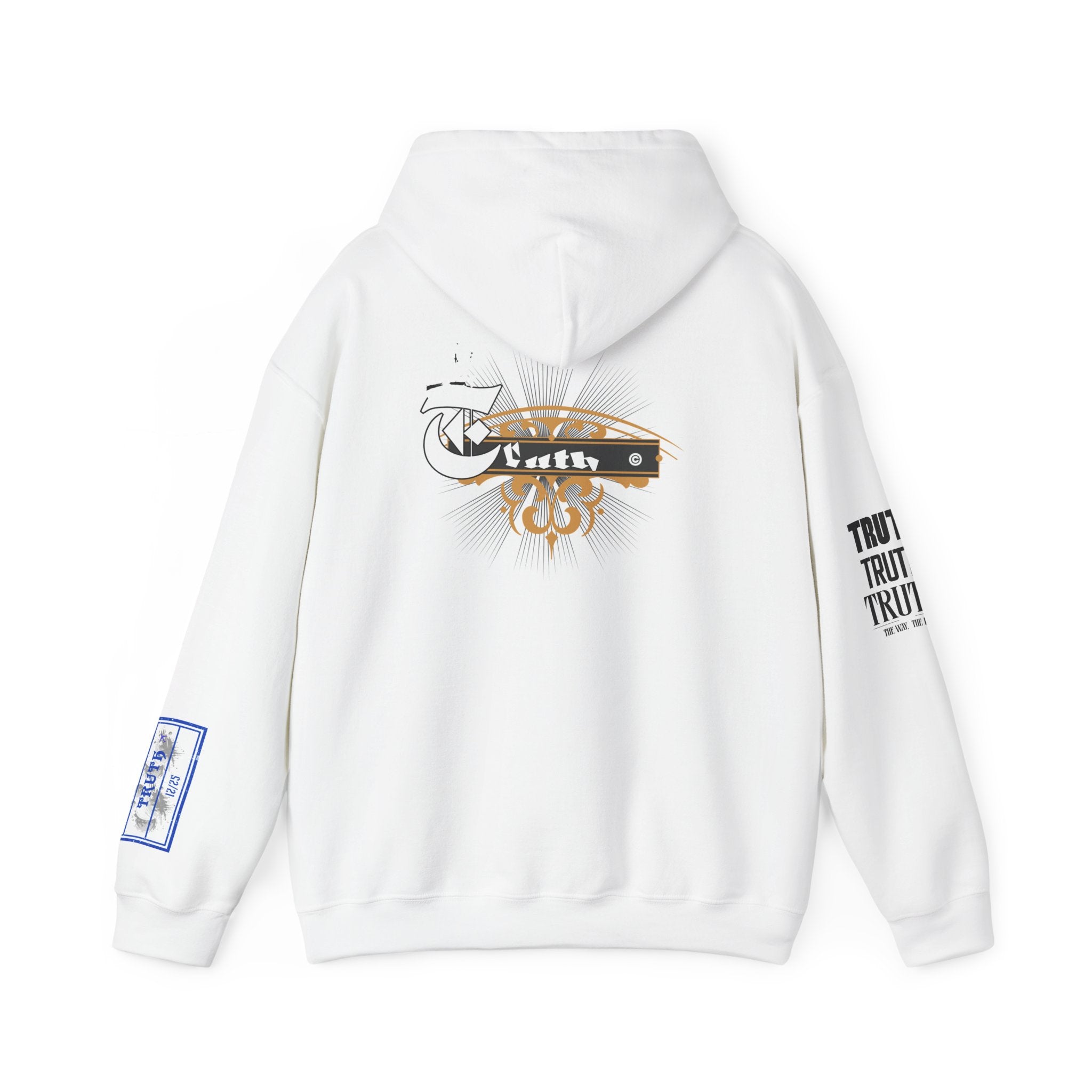 Truth Graphic Hoodie — White Streetwear Pullover with Text Sleeve & Back Emblem