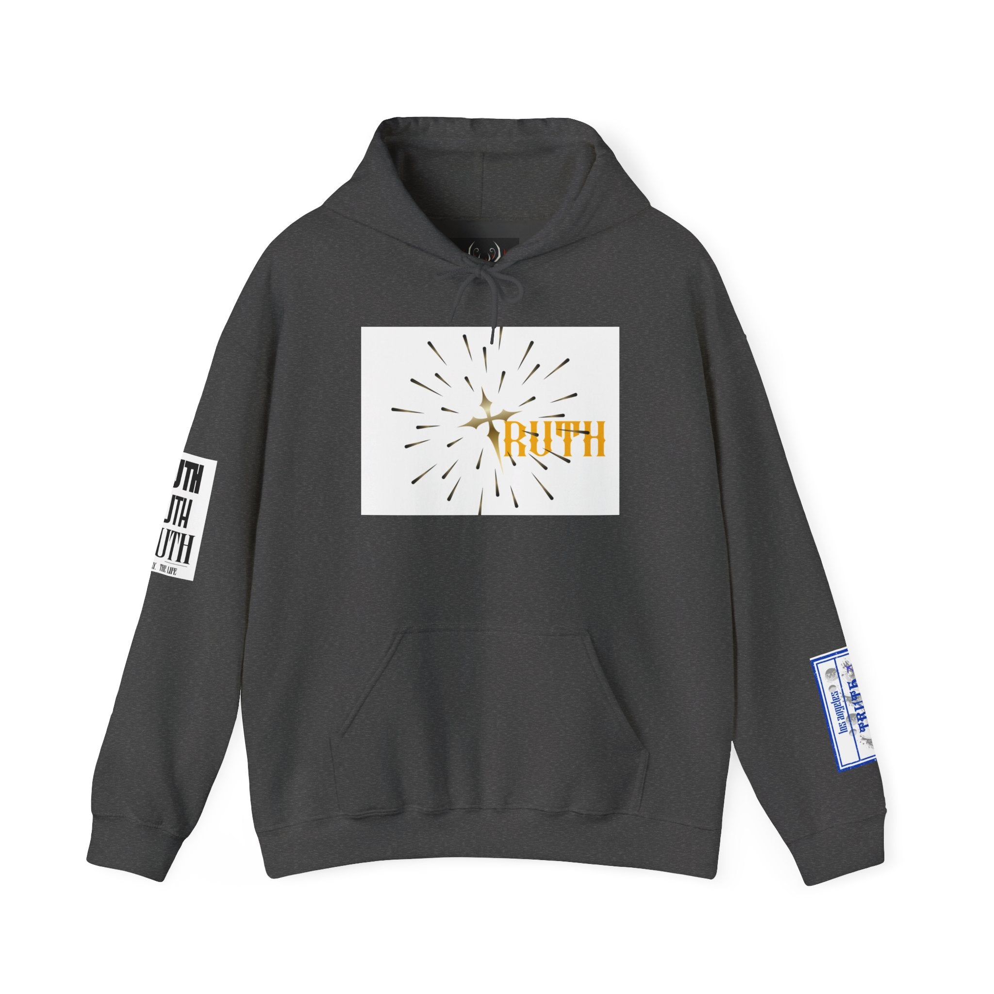 Truth Graphic Hoodie — White Streetwear Pullover with Text Sleeve & Back Emblem