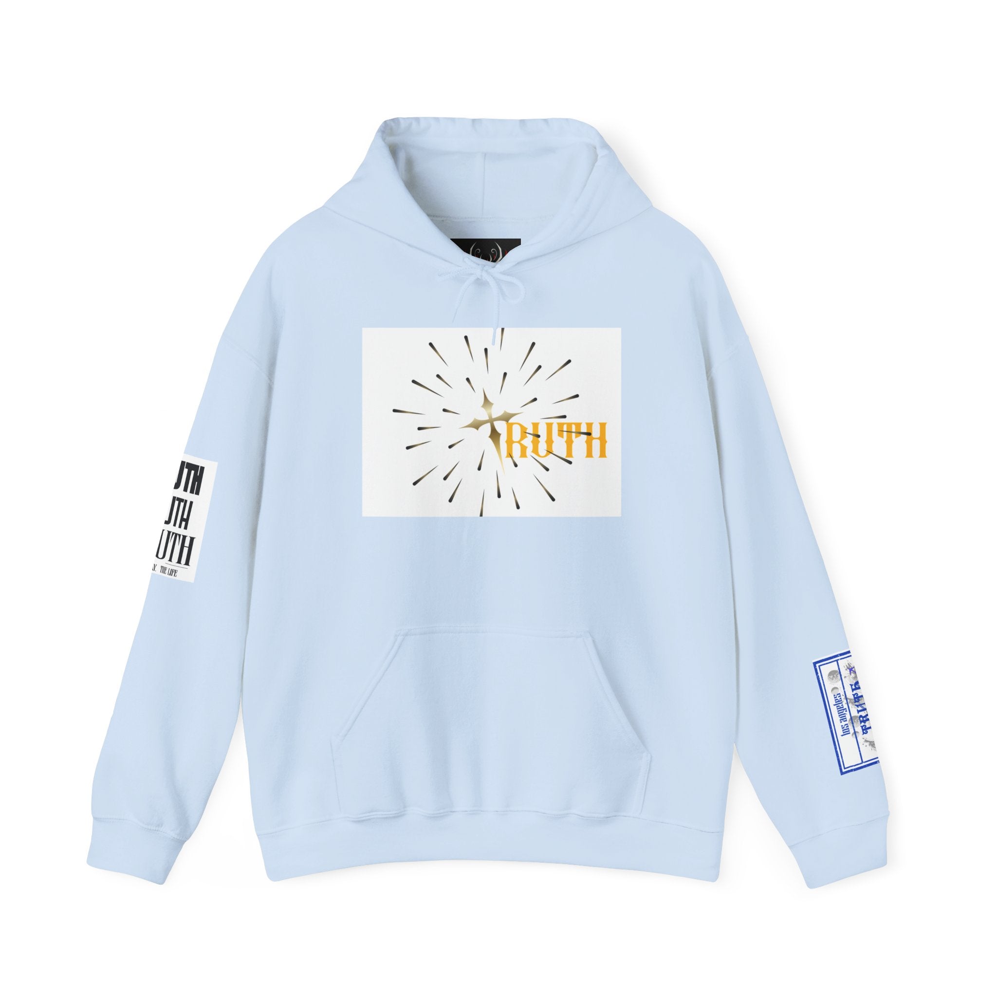 Truth Graphic Hoodie — White Streetwear Pullover with Text Sleeve & Back Emblem