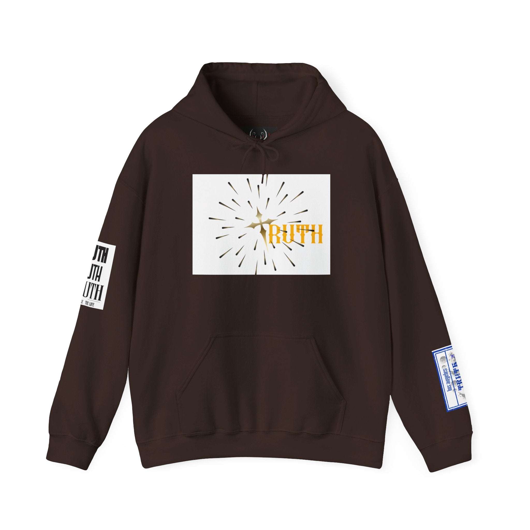 Truth Graphic Hoodie — White Streetwear Pullover with Text Sleeve & Back Emblem