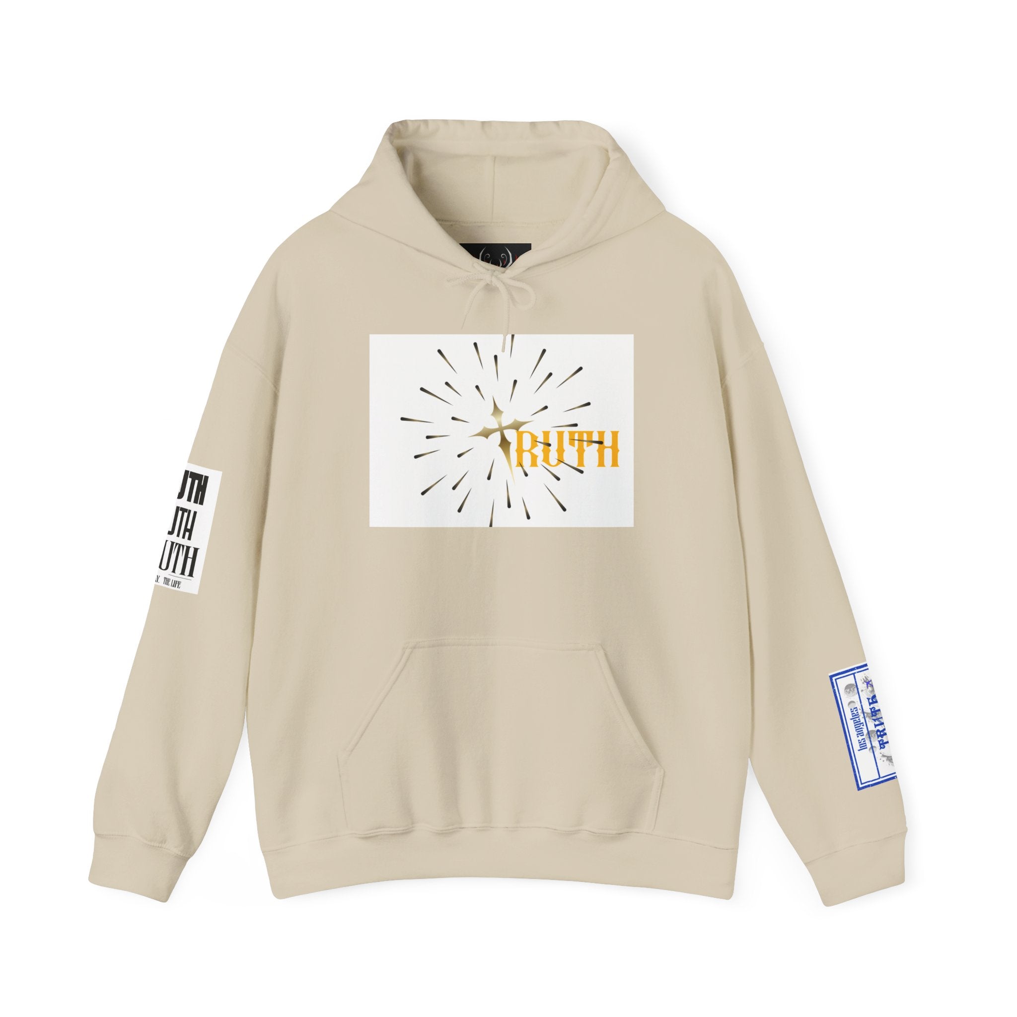 Truth Graphic Hoodie — White Streetwear Pullover with Text Sleeve & Back Emblem