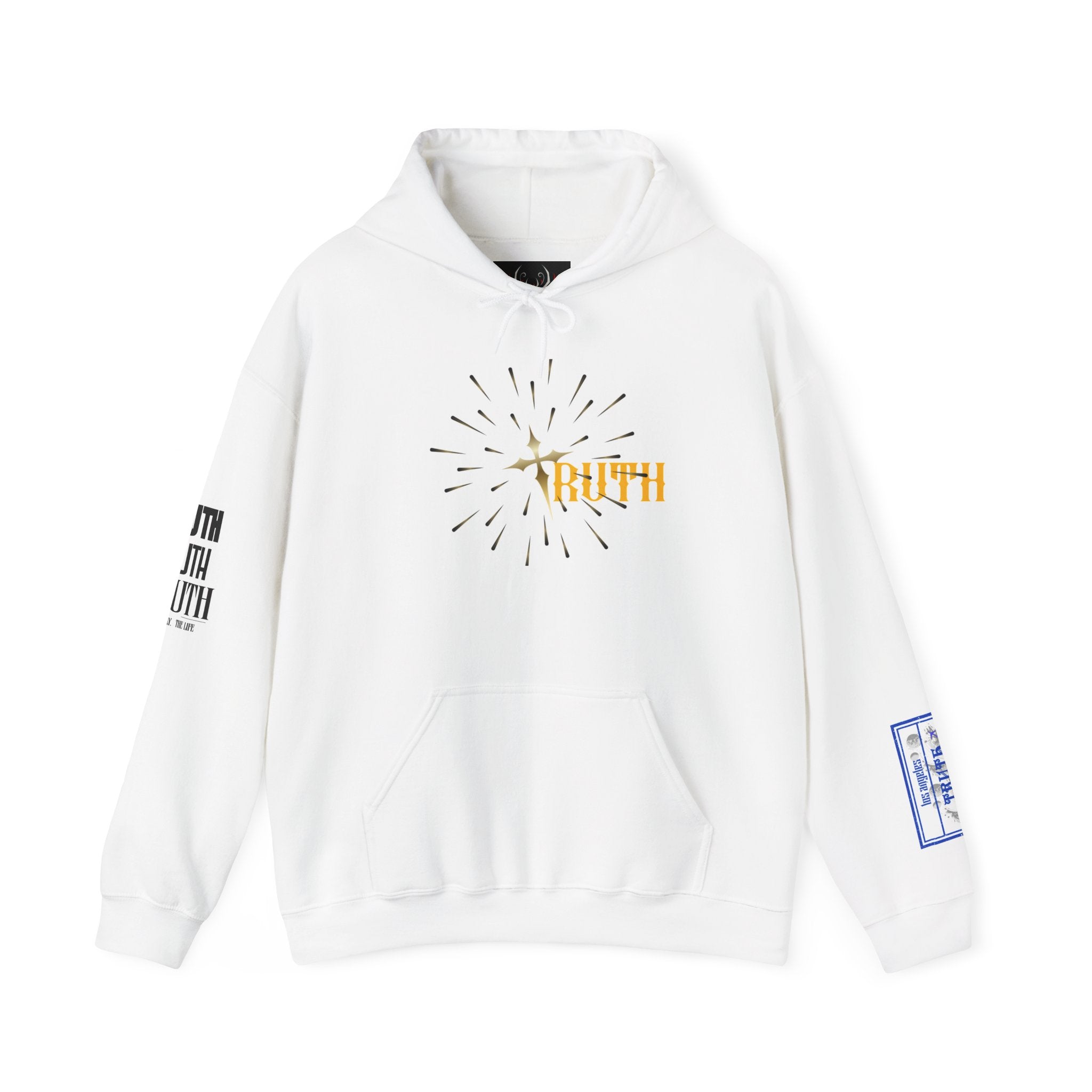 Truth Graphic Hoodie — White Streetwear Pullover with Text Sleeve & Back Emblem