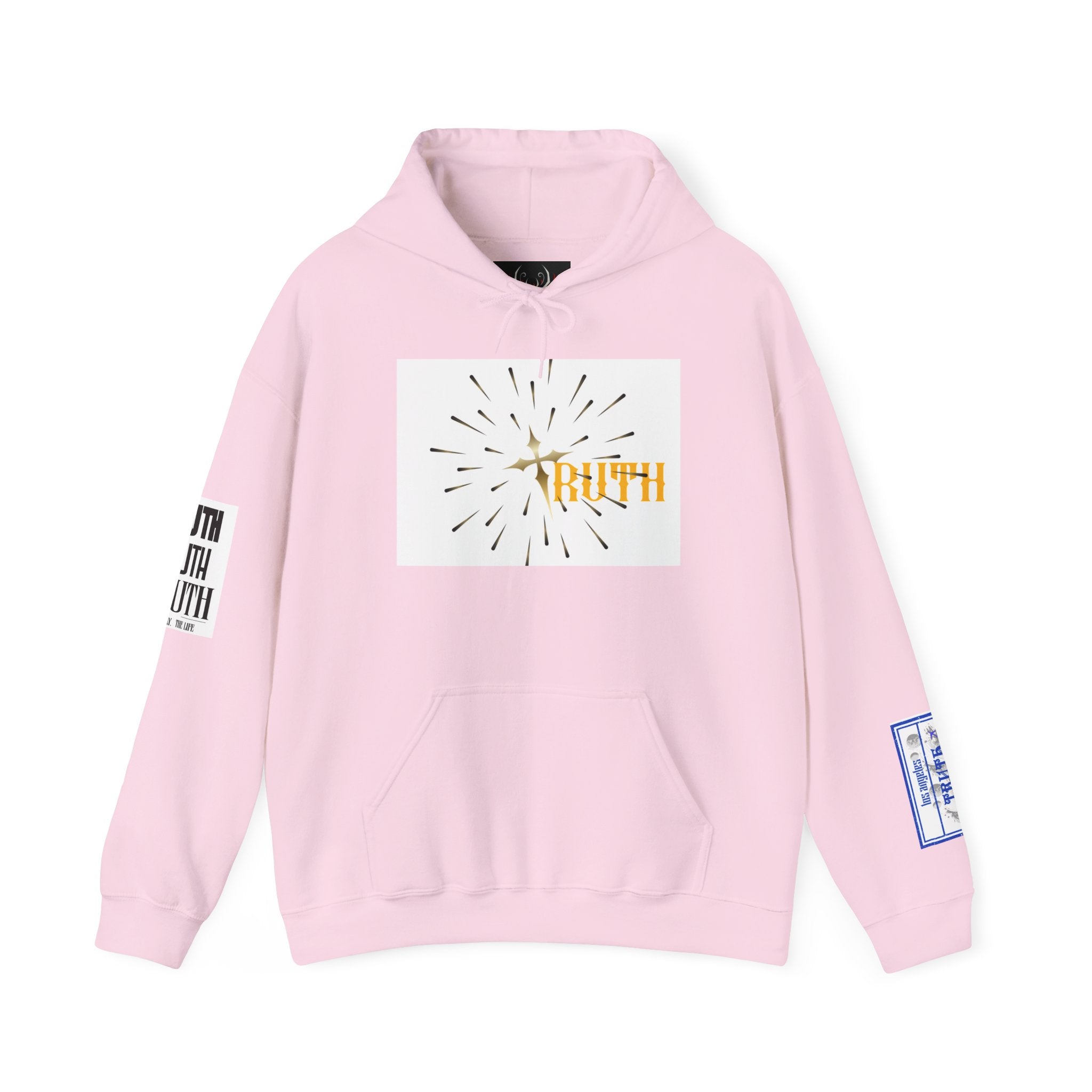 Truth Graphic Hoodie — White Streetwear Pullover with Text Sleeve & Back Emblem