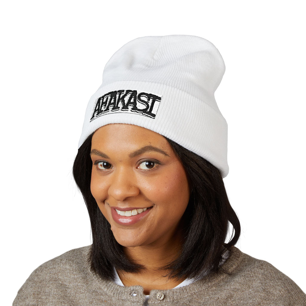 Embroidered Afakasi Cuffed Beanie — White Knit Streetwear Winter Hat