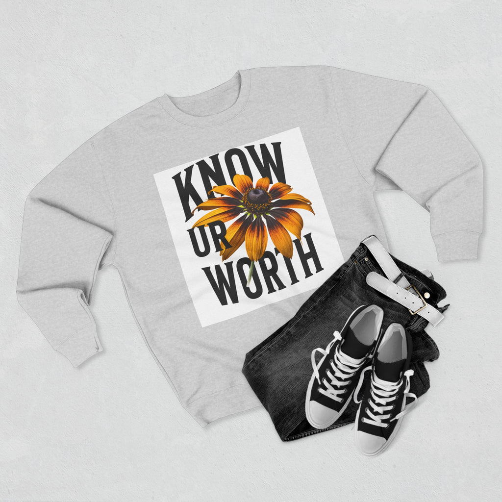 Know Ur Worth Crewneck Sweatshirt — Inspirational Floral & Dog Graphic