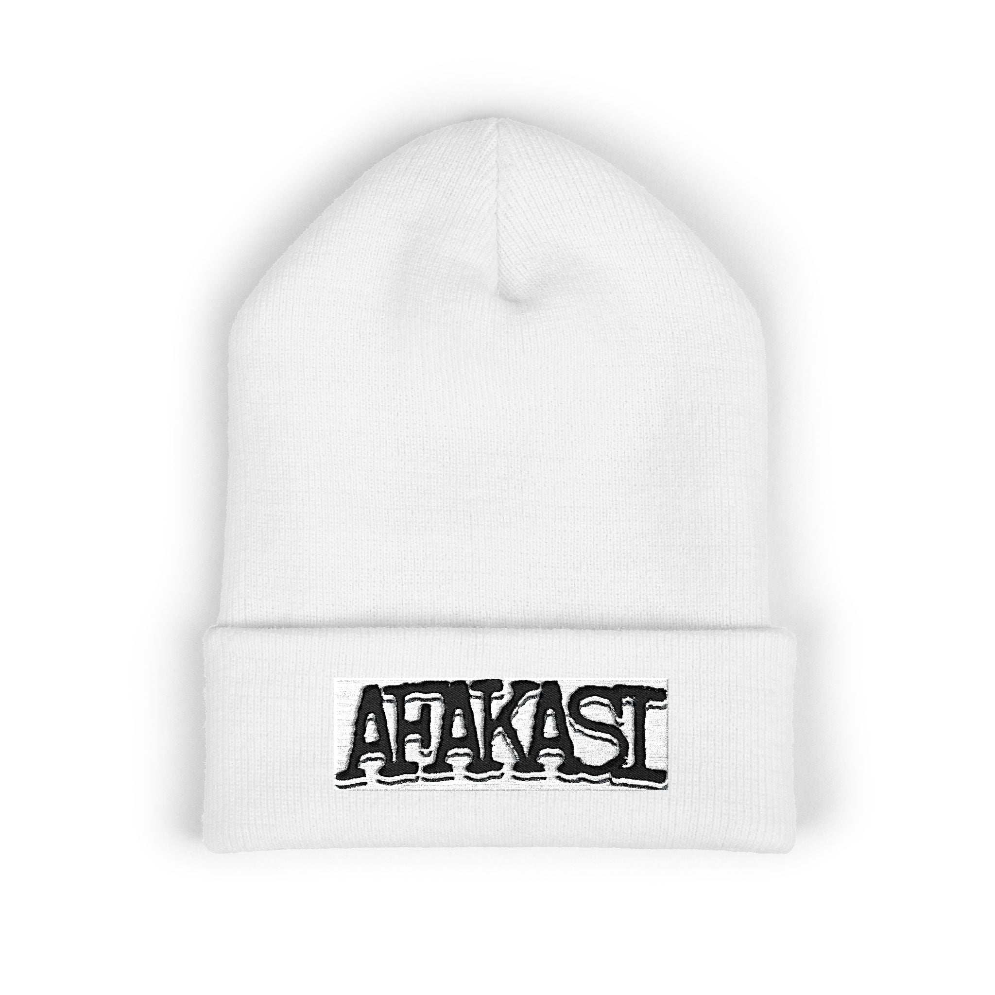 Embroidered Afakasi Cuffed Beanie — White Knit Streetwear Winter Hat