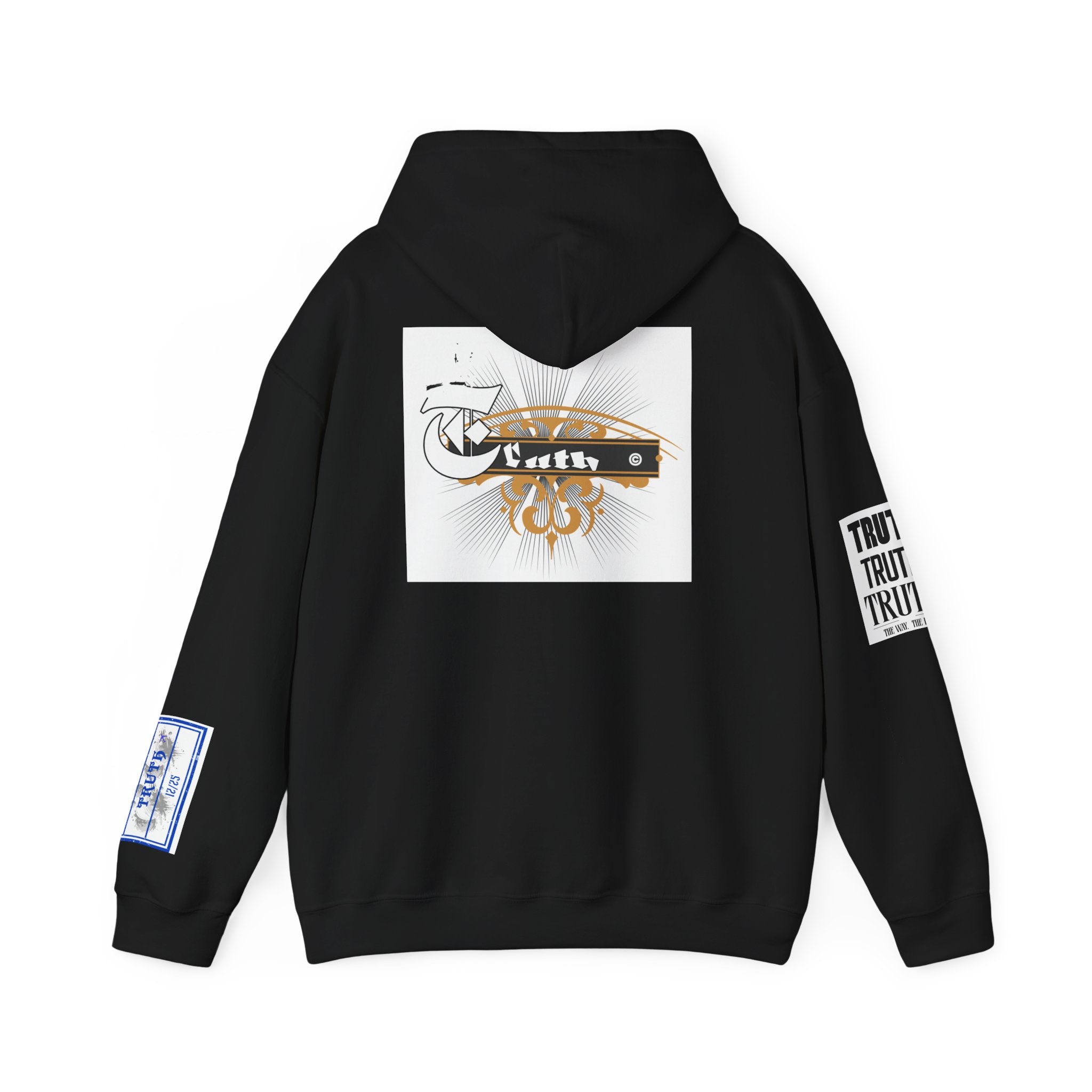 Truth Graphic Hoodie — White Streetwear Pullover with Text Sleeve & Back Emblem
