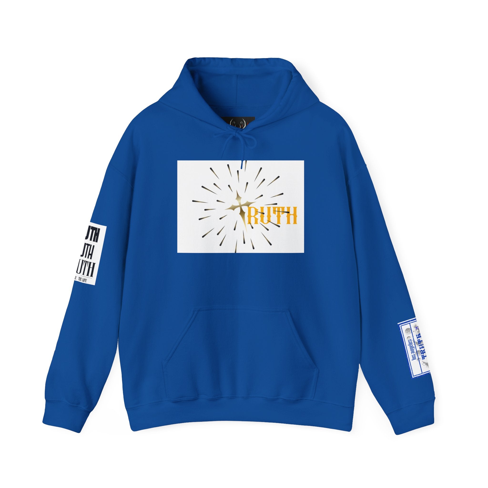 Truth Graphic Hoodie — White Streetwear Pullover with Text Sleeve & Back Emblem