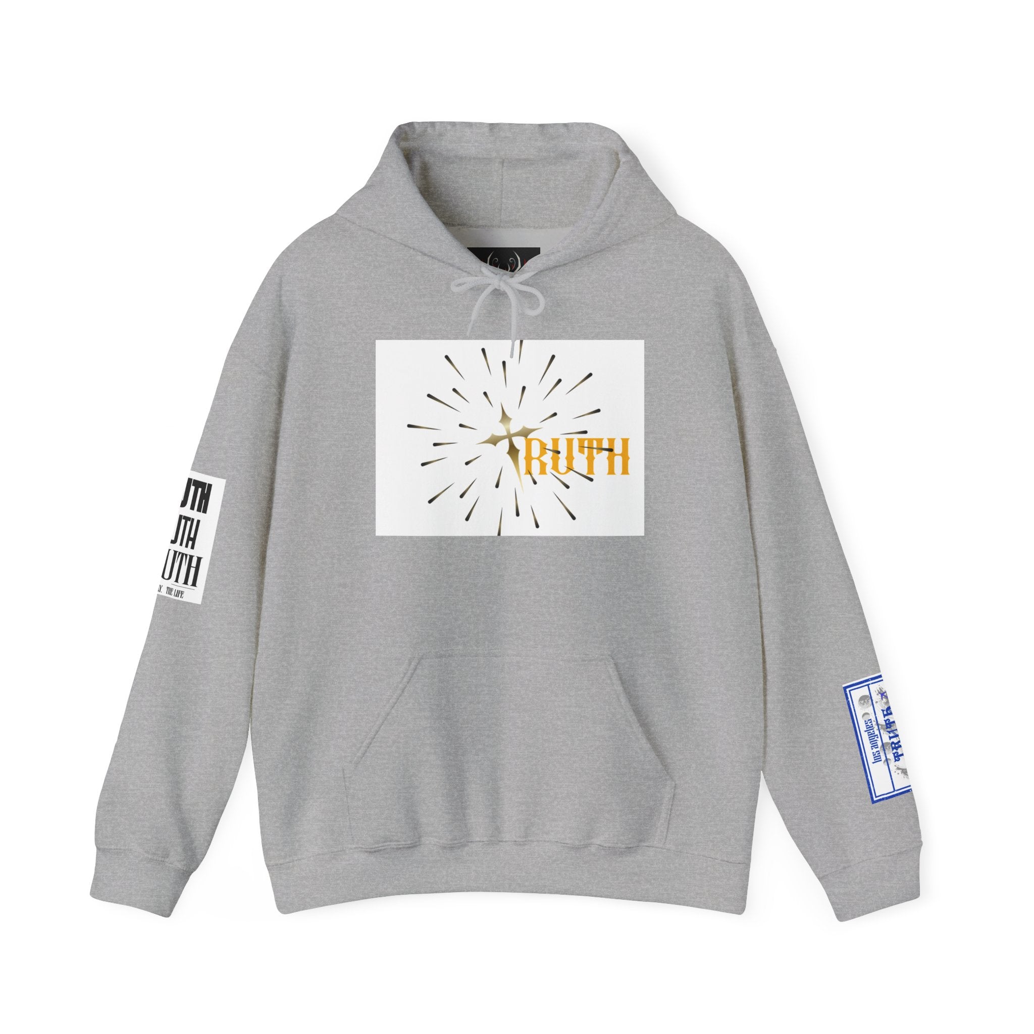 Truth Graphic Hoodie — White Streetwear Pullover with Text Sleeve & Back Emblem