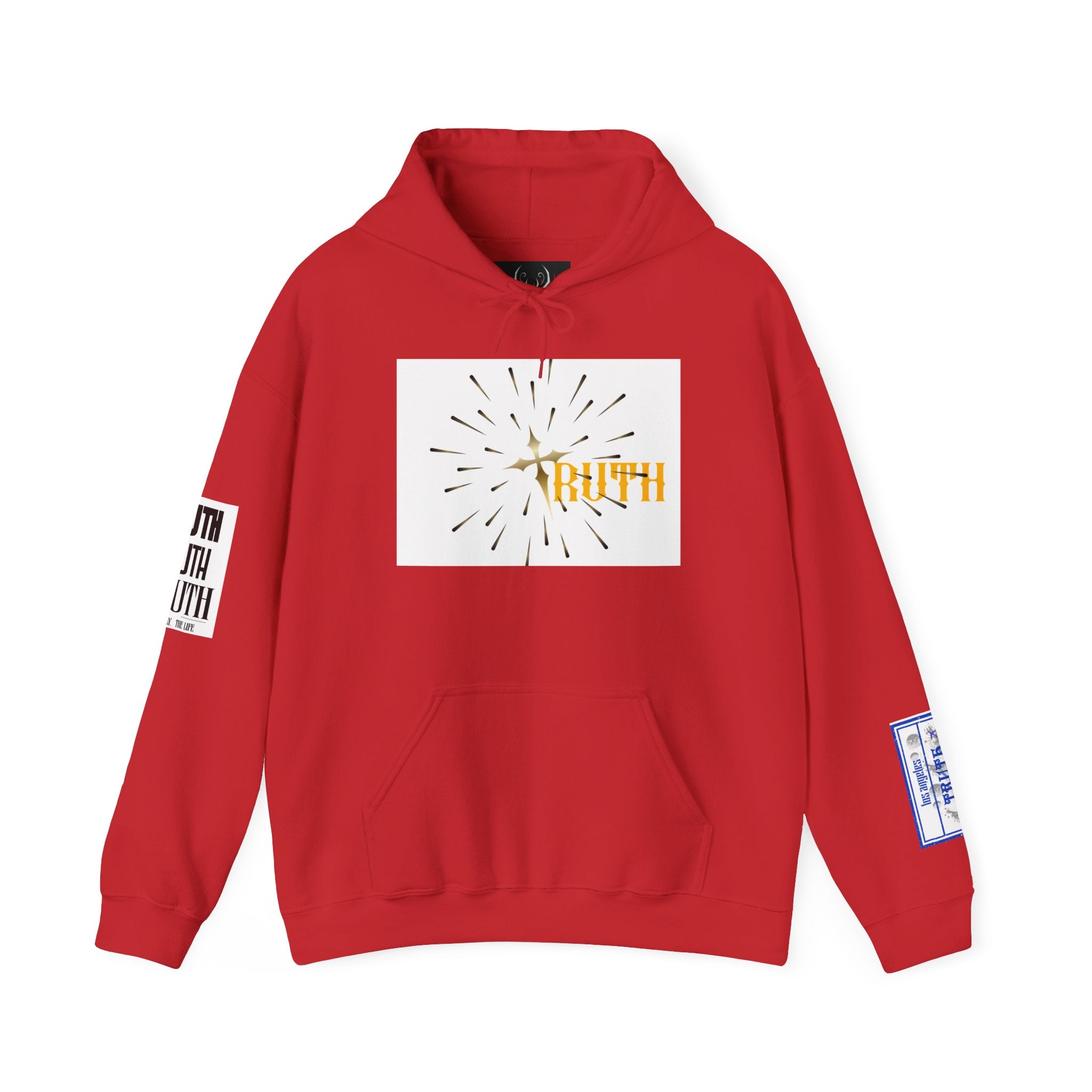 Truth Graphic Hoodie — White Streetwear Pullover with Text Sleeve & Back Emblem