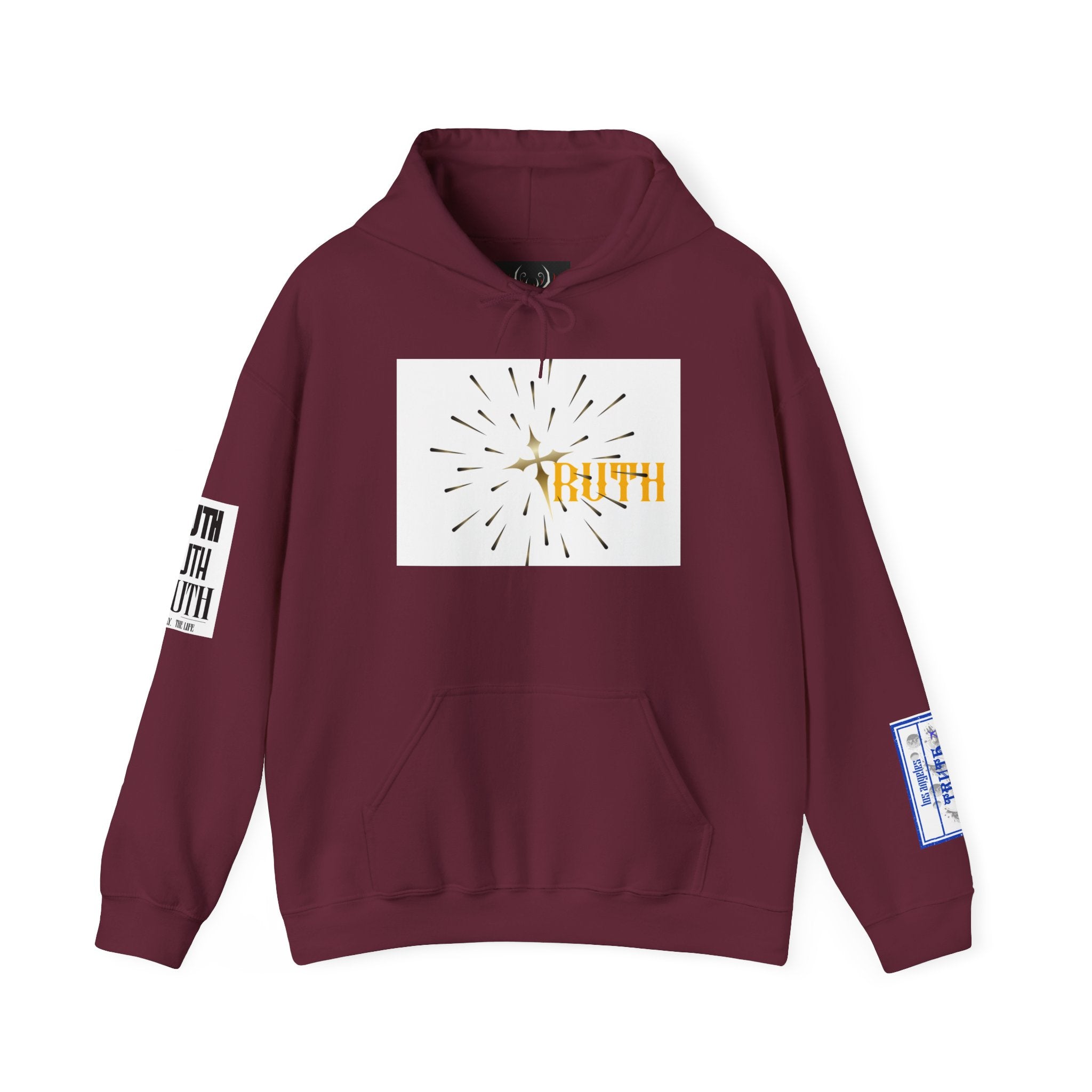 Truth Graphic Hoodie — White Streetwear Pullover with Text Sleeve & Back Emblem