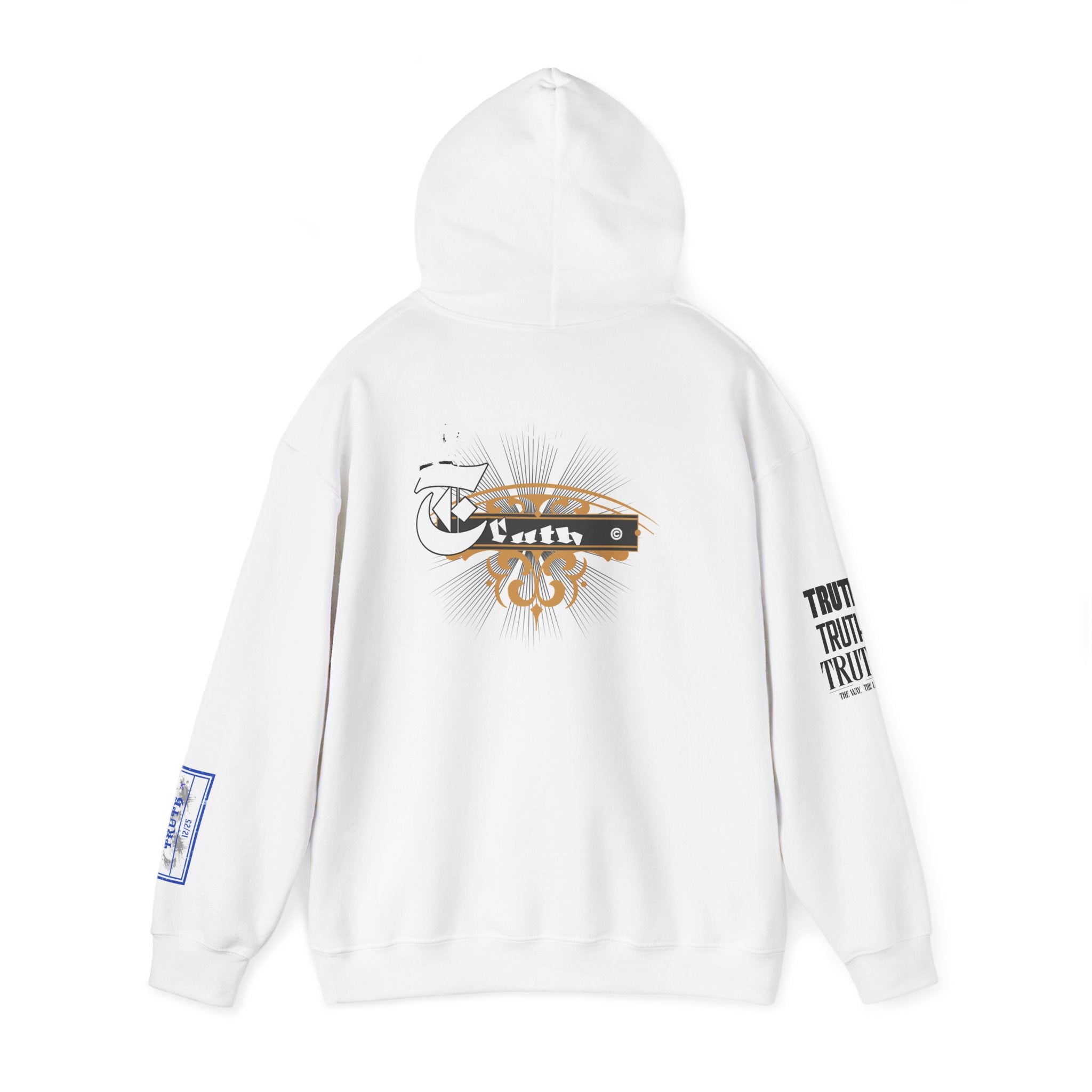 Truth Graphic Hoodie — White Streetwear Pullover with Text Sleeve & Back Emblem