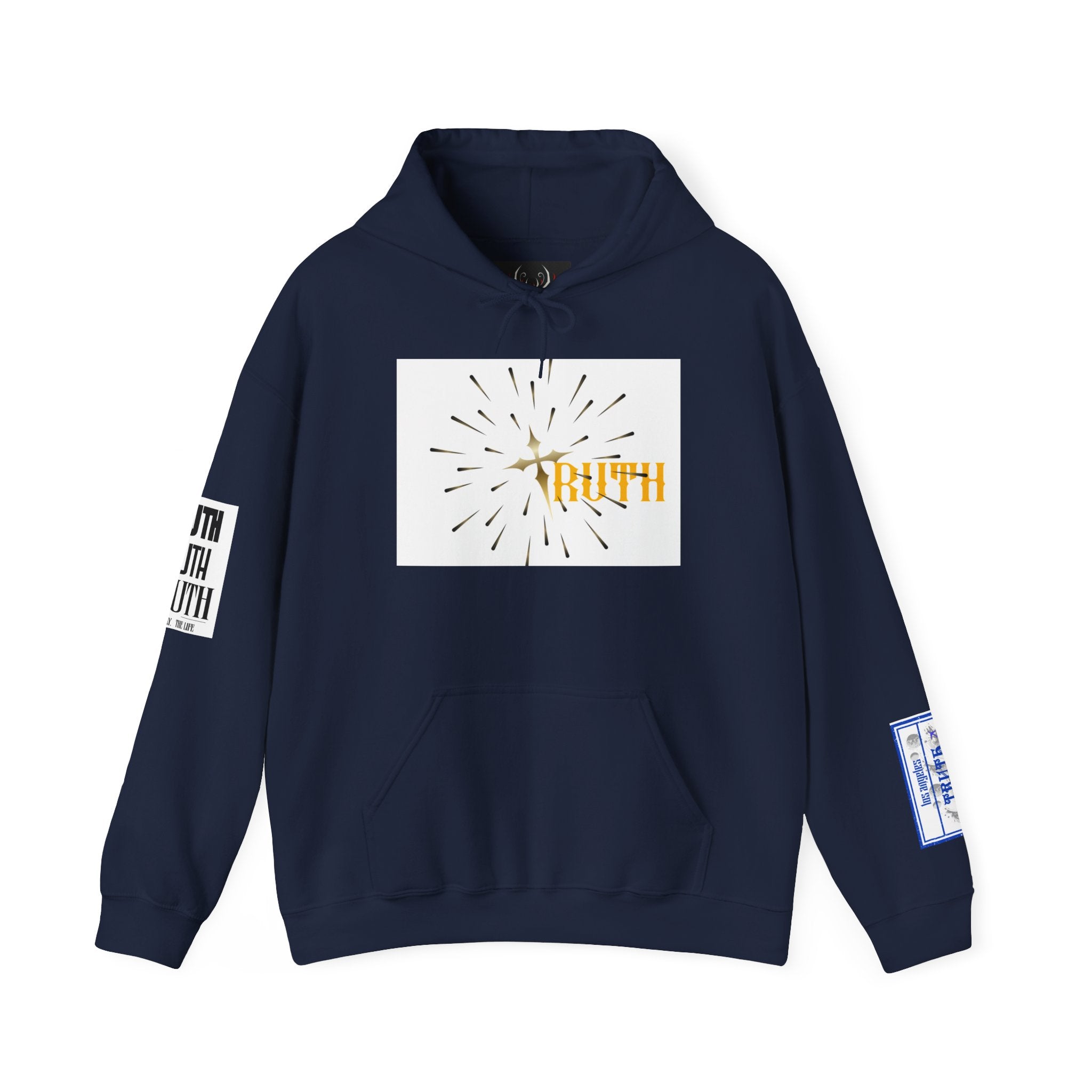 Truth Graphic Hoodie — White Streetwear Pullover with Text Sleeve & Back Emblem
